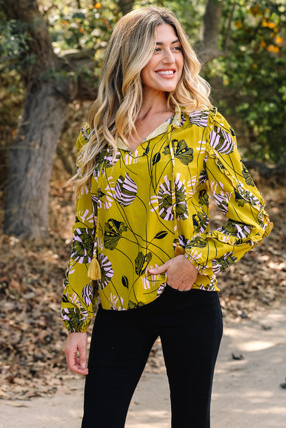 Yellow Vintage Floral V Neck Ruffle Long Sleeve Blouse