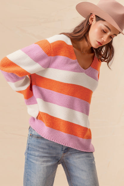 Orange Stripe Colorblock V Neck Casual Sweater