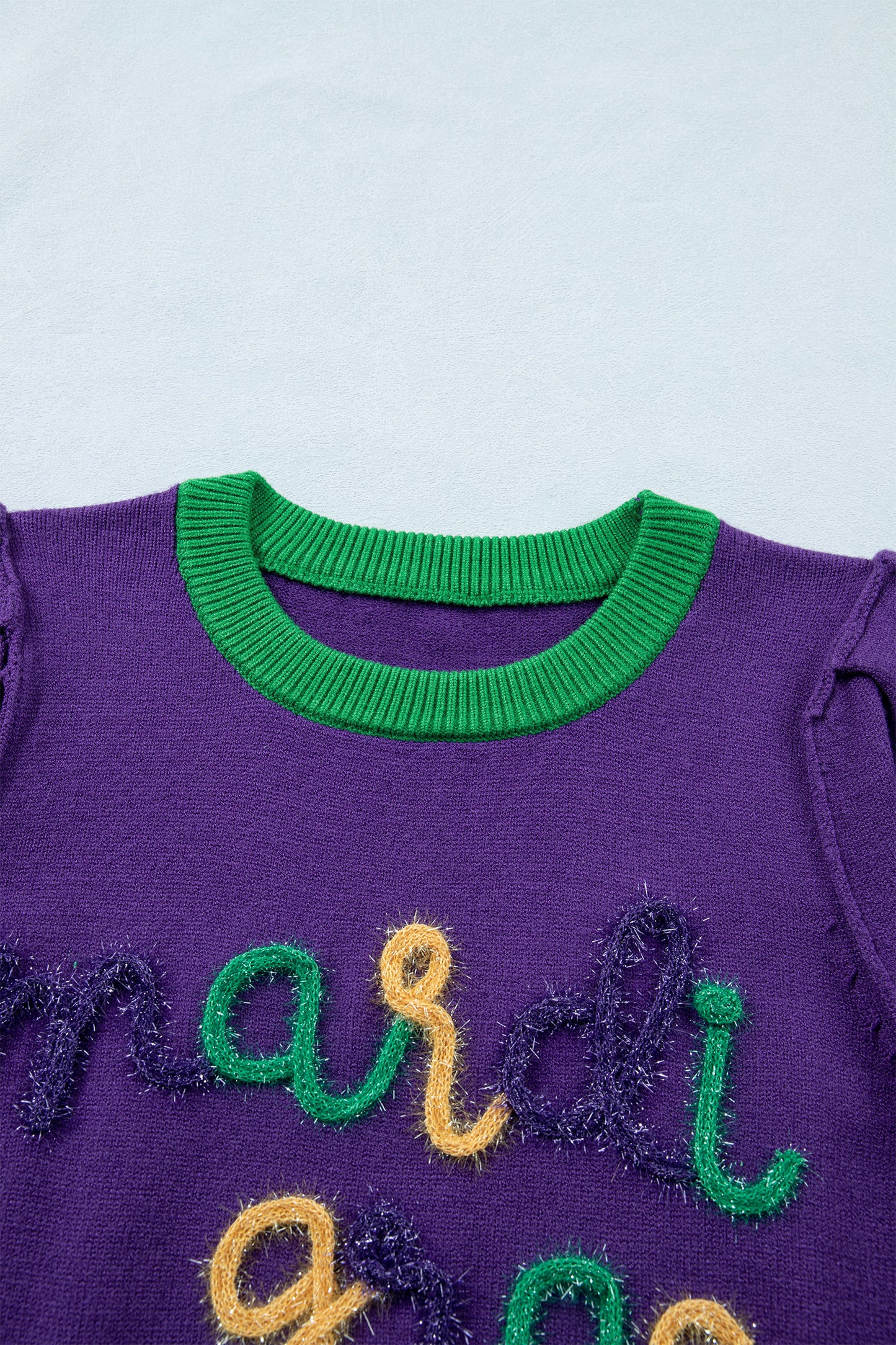 Purple Mardi Gras Tinsel Letter Short Sleeve Sweater Top