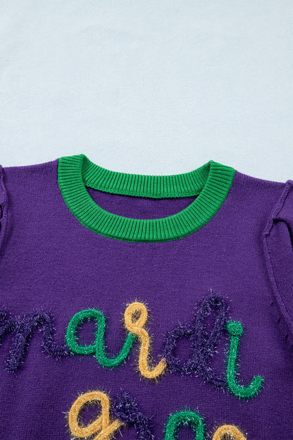 Purple Mardi Gras Tinsel Letter Short Sleeve Sweater Top