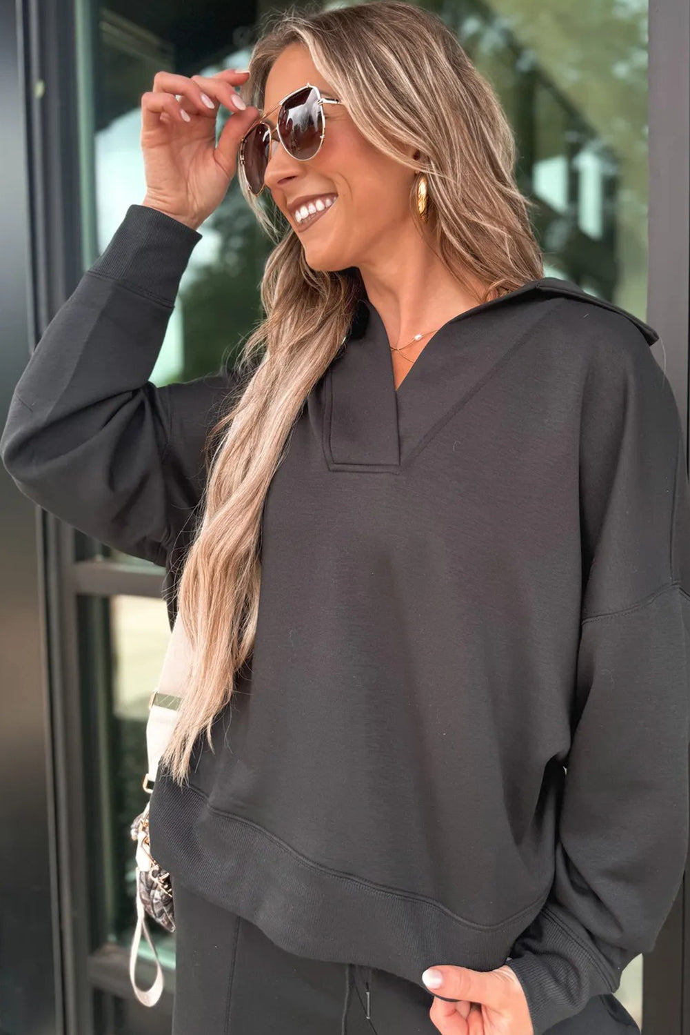 V Neck Collared Sweatshirt and Sweatpants Lounge Set