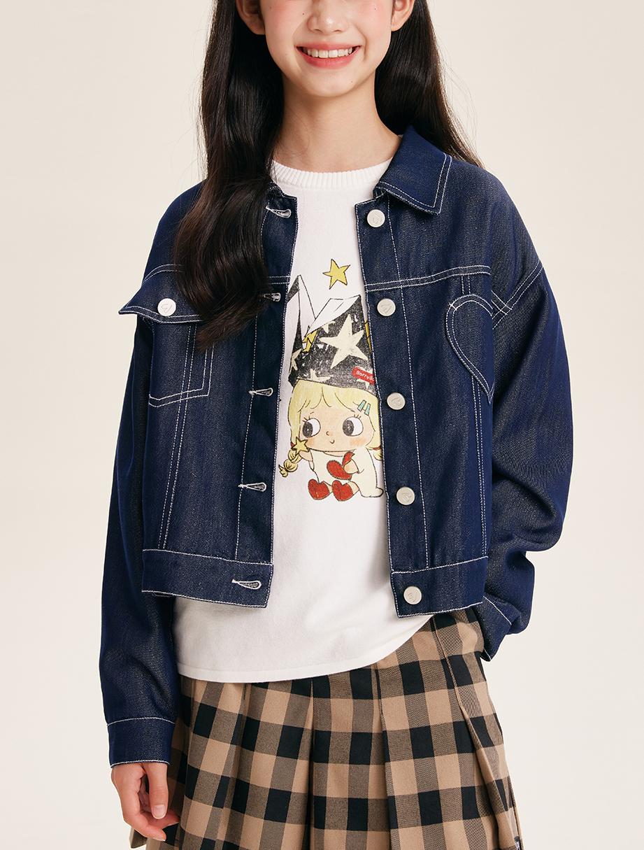 Girls Denim Jacket with Heart Pocket and Button Front