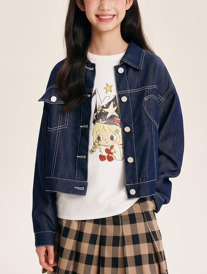 Girls Denim Jacket with Heart Pocket and Button Front