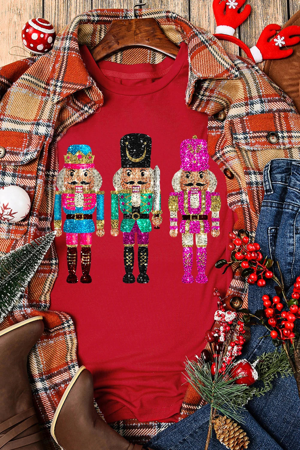 Red Christmas Printed Crewneck T Shirt