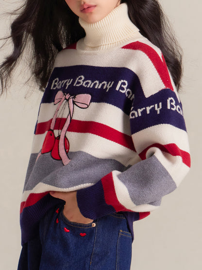 Girls Turtleneck Striped Sweater with Cherry Design
