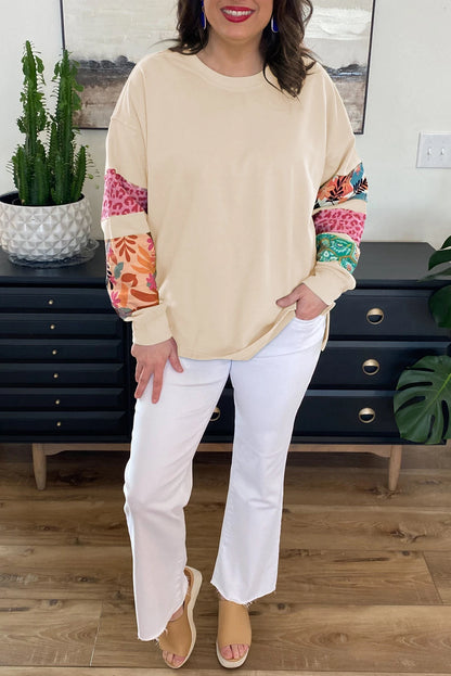 Green Plus Size Printed Patchwork Sleeve Split Sweatshirt