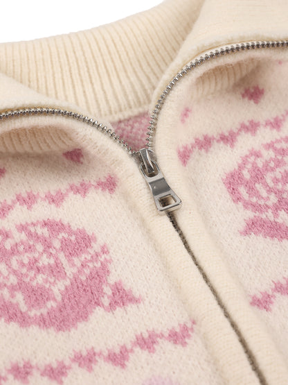 Girls’ Floral Knit Zip-Up Sweater - Cozy & Cute Cardigan