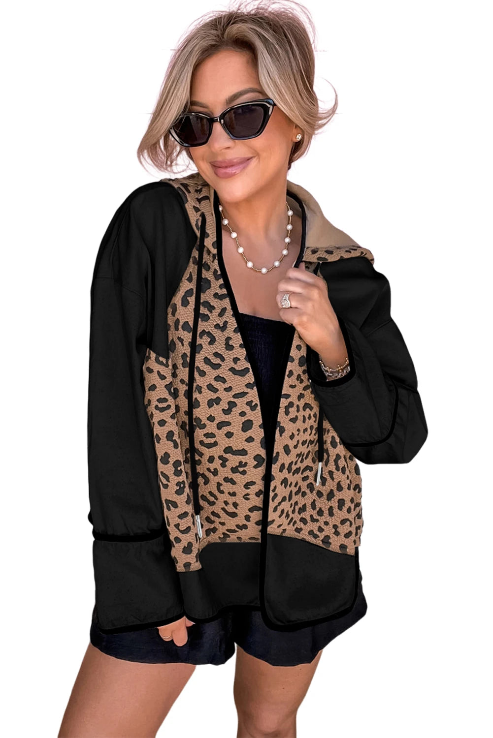 Brown Leopard Star Hooded Patchwork Contrast Piping Open Front Jacket