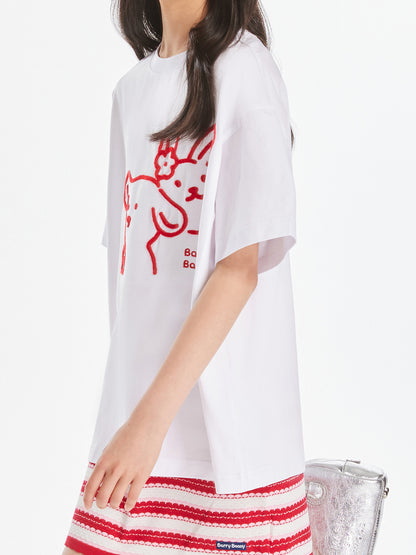 Girls White Cartoon Embroidered Short Sleeve T Shirt