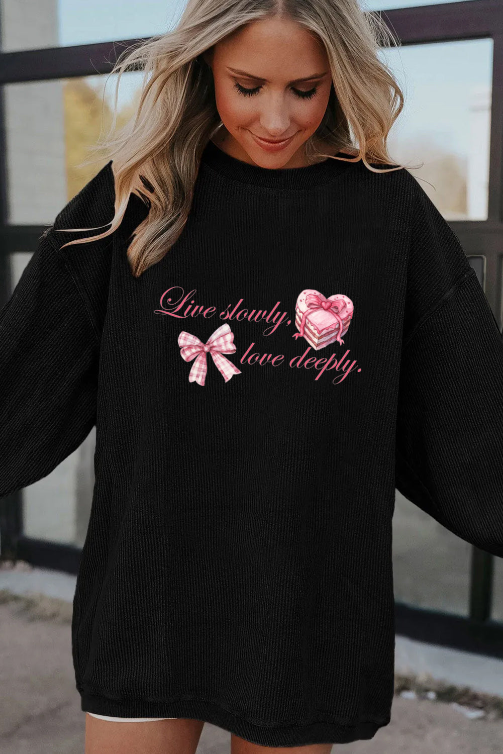 Valentine Bow Heart Corduroy Ribbed Oversized Sweatshirt