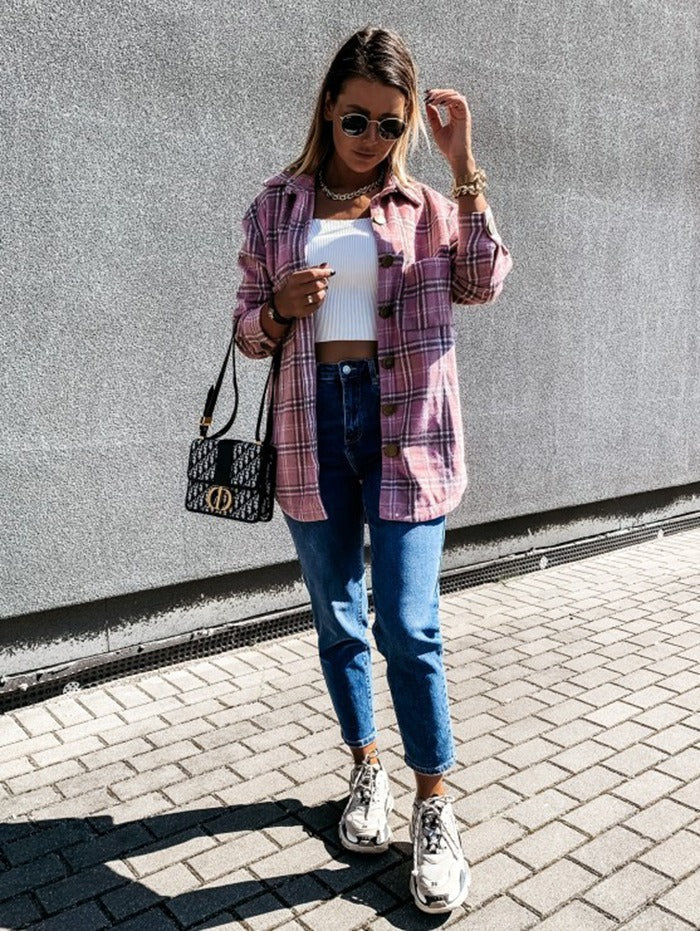 Beige Plaid Oversized Shacket Wool Blend Button Down Jacket