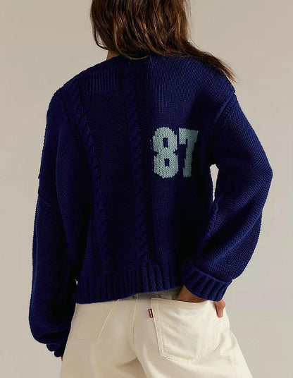 Varsity Number Knit Sweater - Oversized Pullover Top