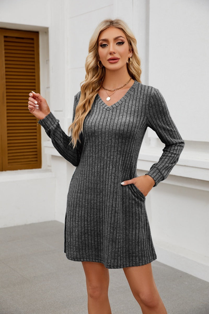 V Neck Ribbed Knit Dress - Brushed Long Sleeve Mini