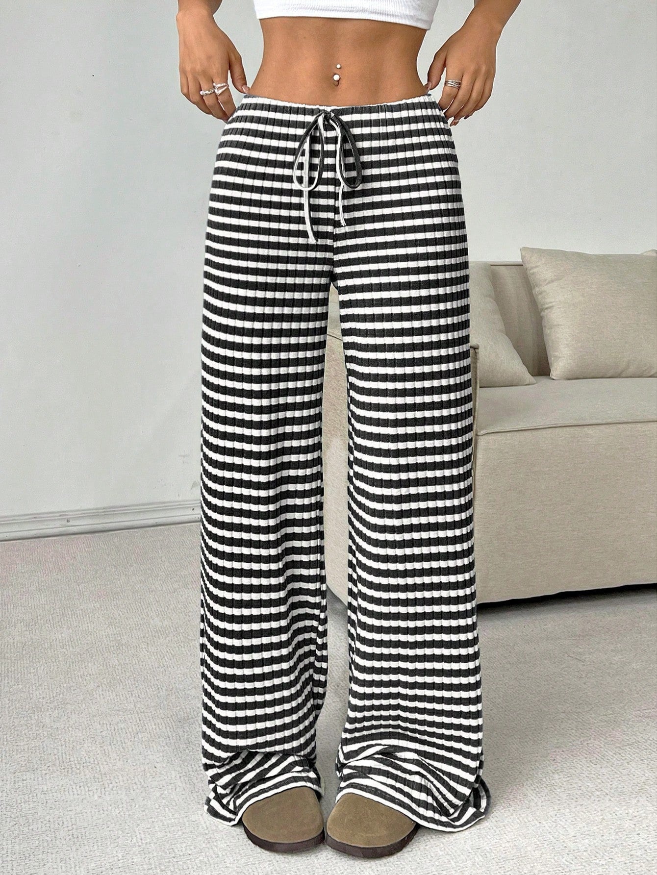 Cotton Wide Leg Lounge Pants with Drawstring Waist