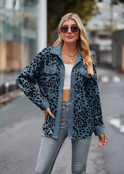 Leopard Print Corduroy Button Down Oversized Shirt Jacket