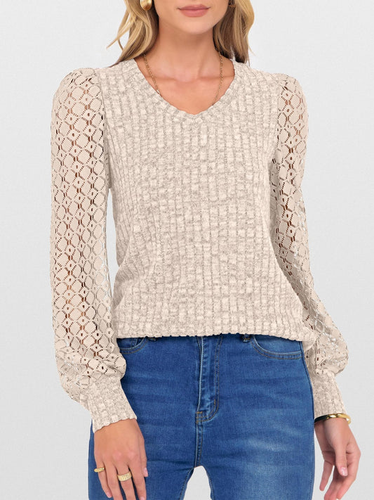 V-Neck Knit Top with Lace Puff Long Sleeves