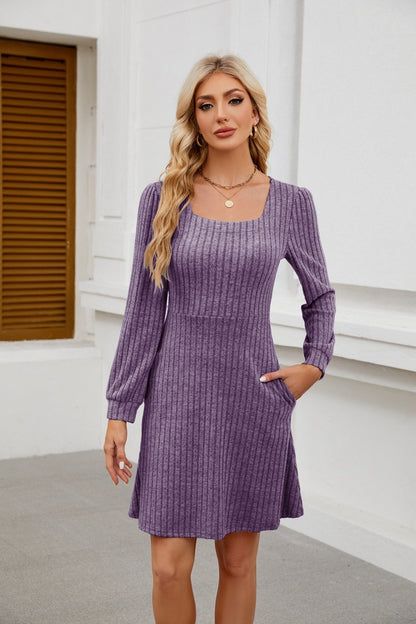 Square Neck Ribbed Knit Dress with Pockets