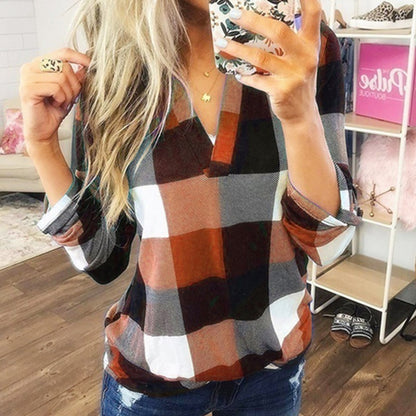 Women's Buffalo Plaid V-Neck Long Sleeve Top