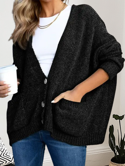 Gray Buttons Front Pocketed Sweater Cardigan