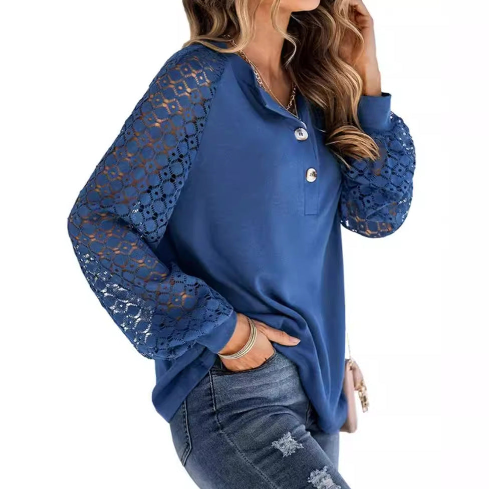 Women Tops Blouses Casual Lace Crochet Turtleneck Long Sleeve Pullovers Plus Size T Shirts