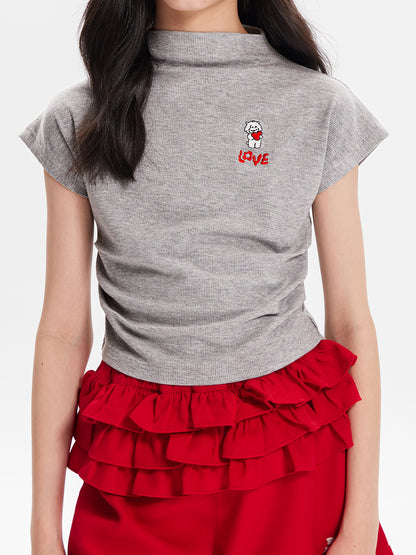 Girls Embroidered Mock Neck Short Sleeve Summer T-Shirt