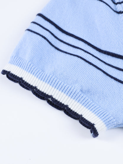 Girls Cartoon Cat Knit Top Short Sleeve Blue Tee