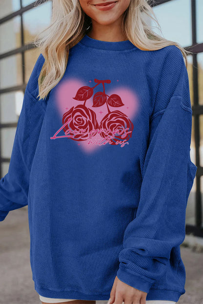 Valentine Rose Heart Corduroy Ribbed Oversized Sweatshirt
