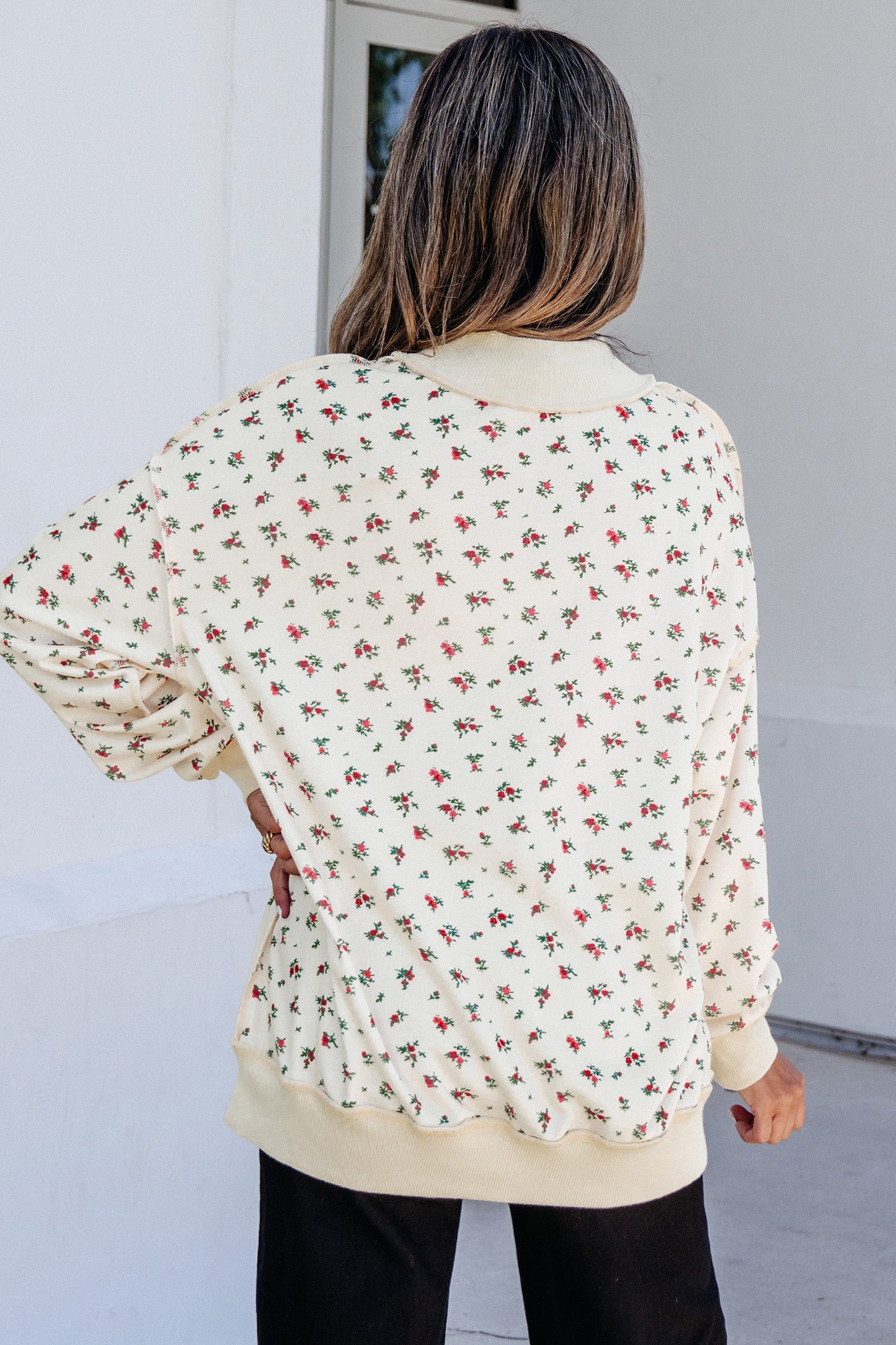 Floral Mock Neck Pullover Sweatshirt Women Casual Top