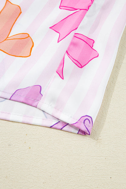 Pink Striped Bow Print Contrast Trim Pajama Set