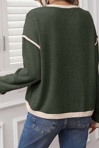 Four Leaf Clover Merry Patched Graphic Contrast Trim Christmas Knitted Long Sleeve Top
