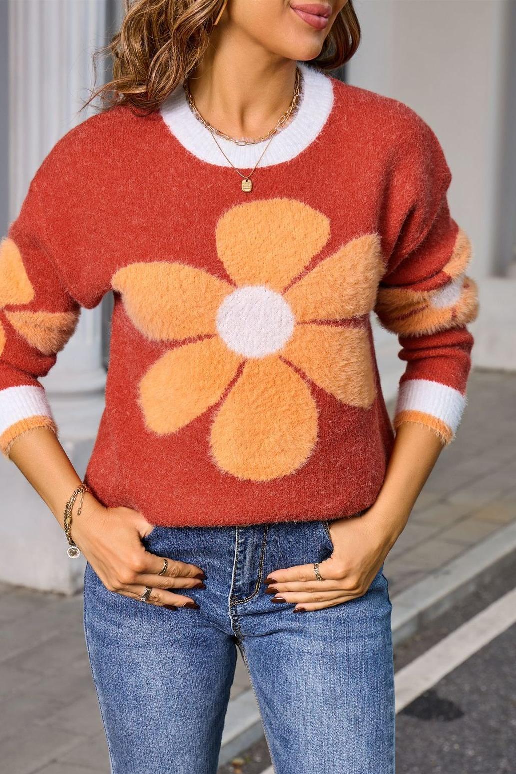 Fuzzy Floral Pullover Sweater – Cozy Colorblock Knit for Fall
