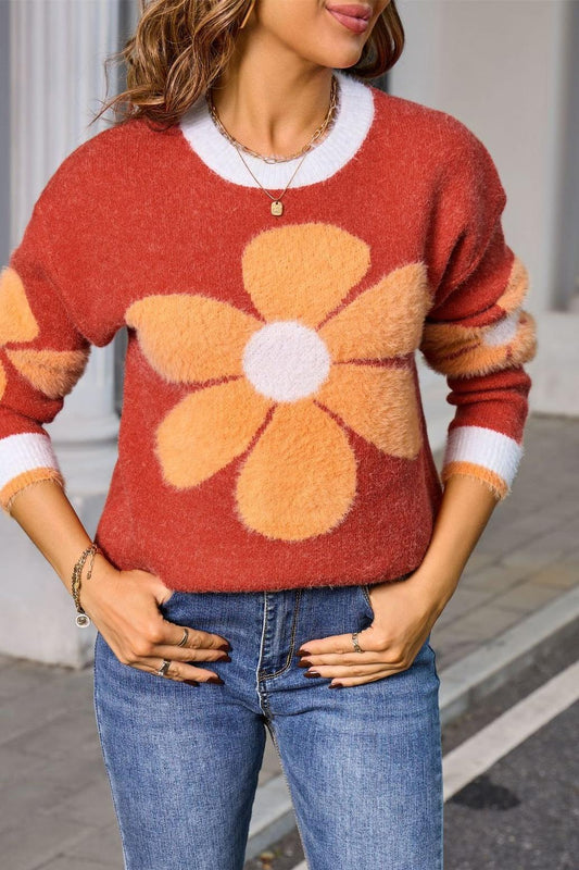 Fuzzy Floral Pullover Sweater – Cozy Colorblock Knit for Fall