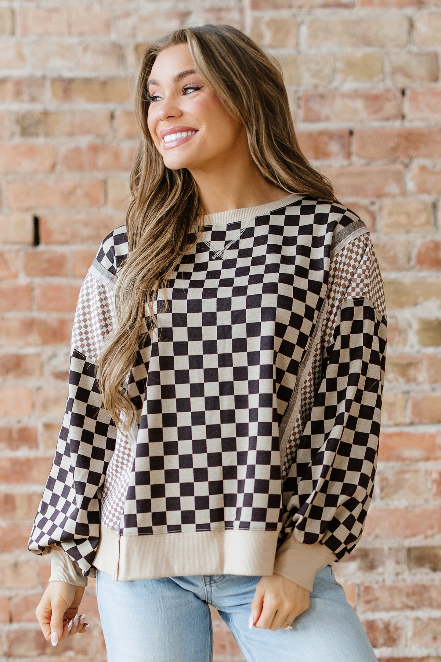 Khaki Checkered Patchwork High Low Round Neck Casual Top