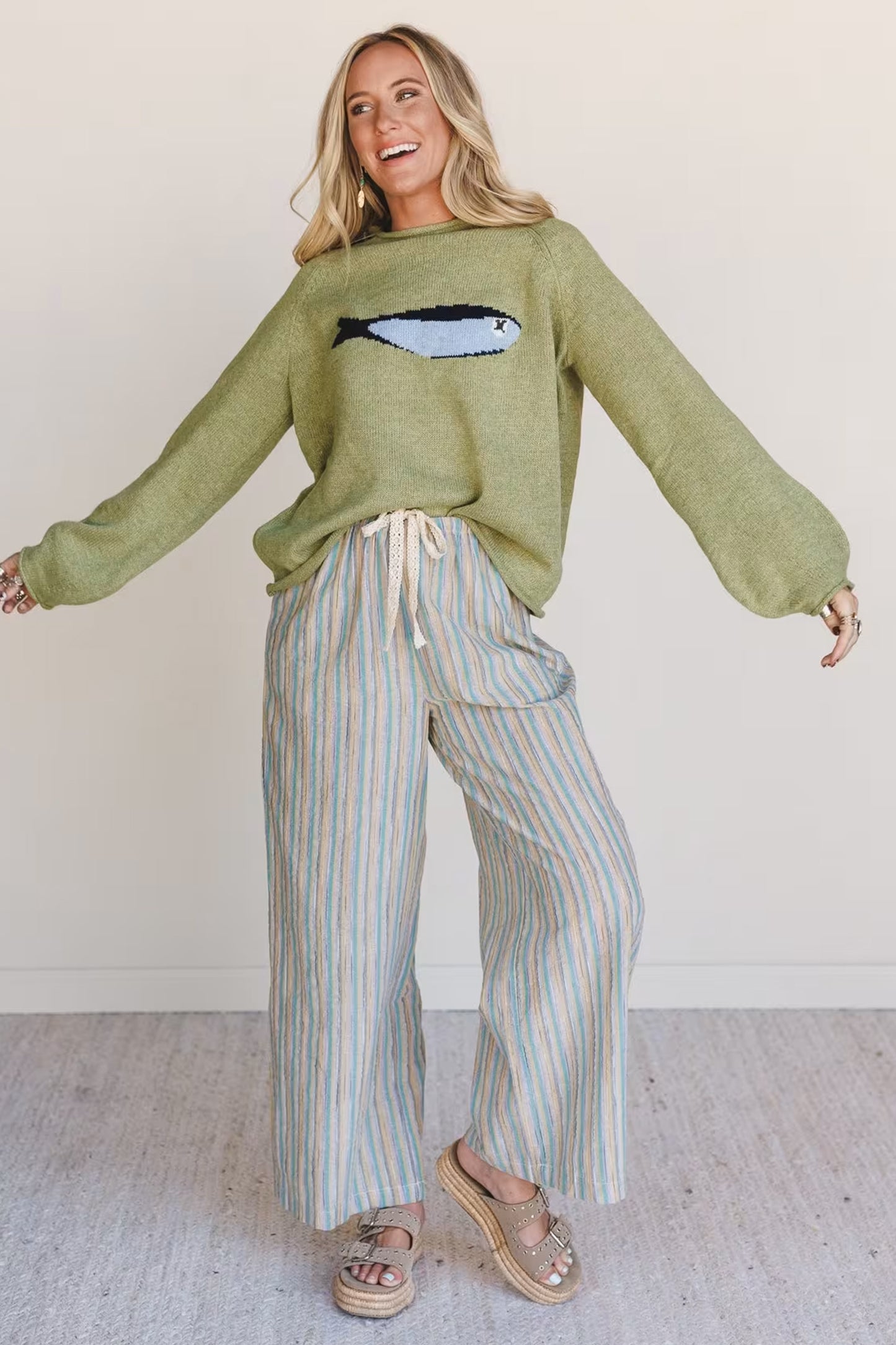 Meadow Mist Green Fish Graphic Oversized Knit Sweater