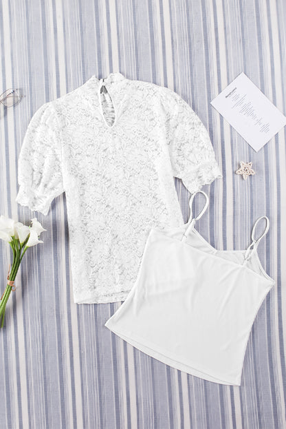 Green High Neck Lace Short Sleeve Blouse
