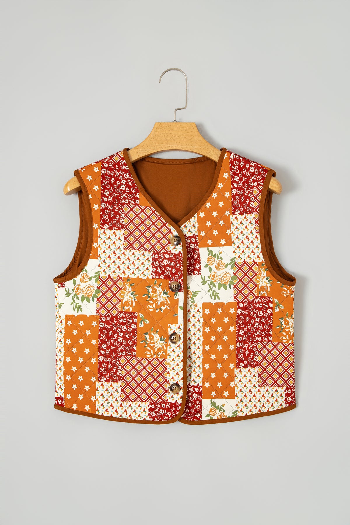 Golden Fleece Quilted Floral Patchwork Contrast Trim V Neck Button Vest