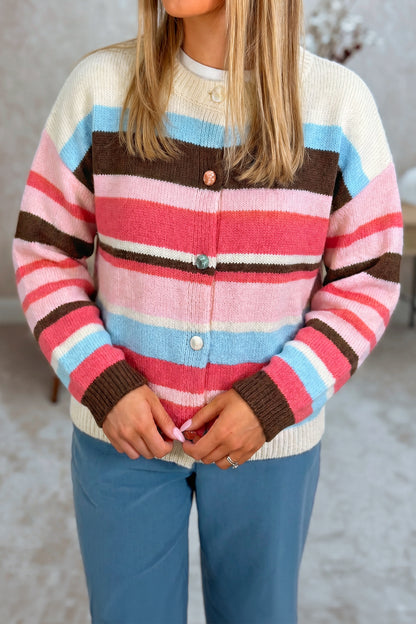 Multicolor Striped Colorblock Drop Shoulder Knit Cardigan