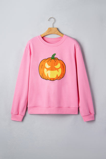 Pink Embroidered Pumpkin Halloween Crewneck Sweatshirt