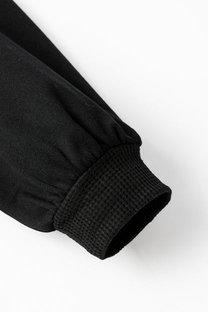 Black Waffle Knit Button Down Shacket Oversized Long Sleeve Top