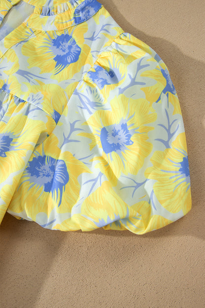 Floral Print Bubble Sleeve Loose Fit Summer Blouse