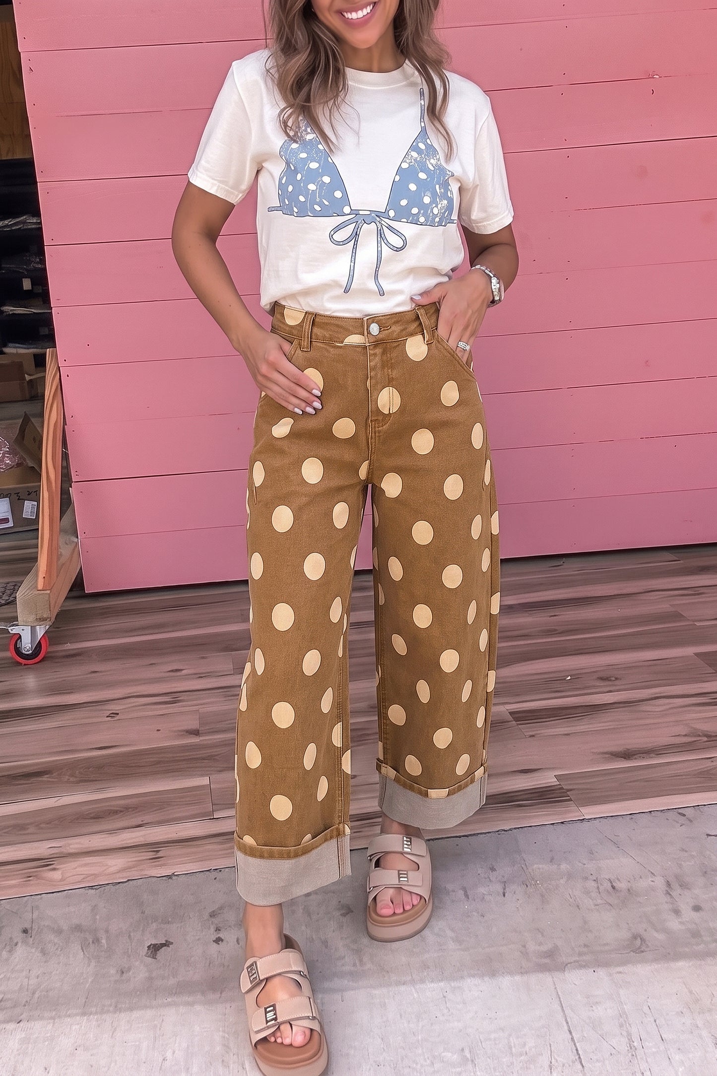 Women's Polka Dot Cuffed Wide Leg Jeans