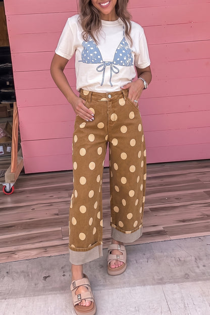 Women's Polka Dot Cuffed Wide Leg Jeans