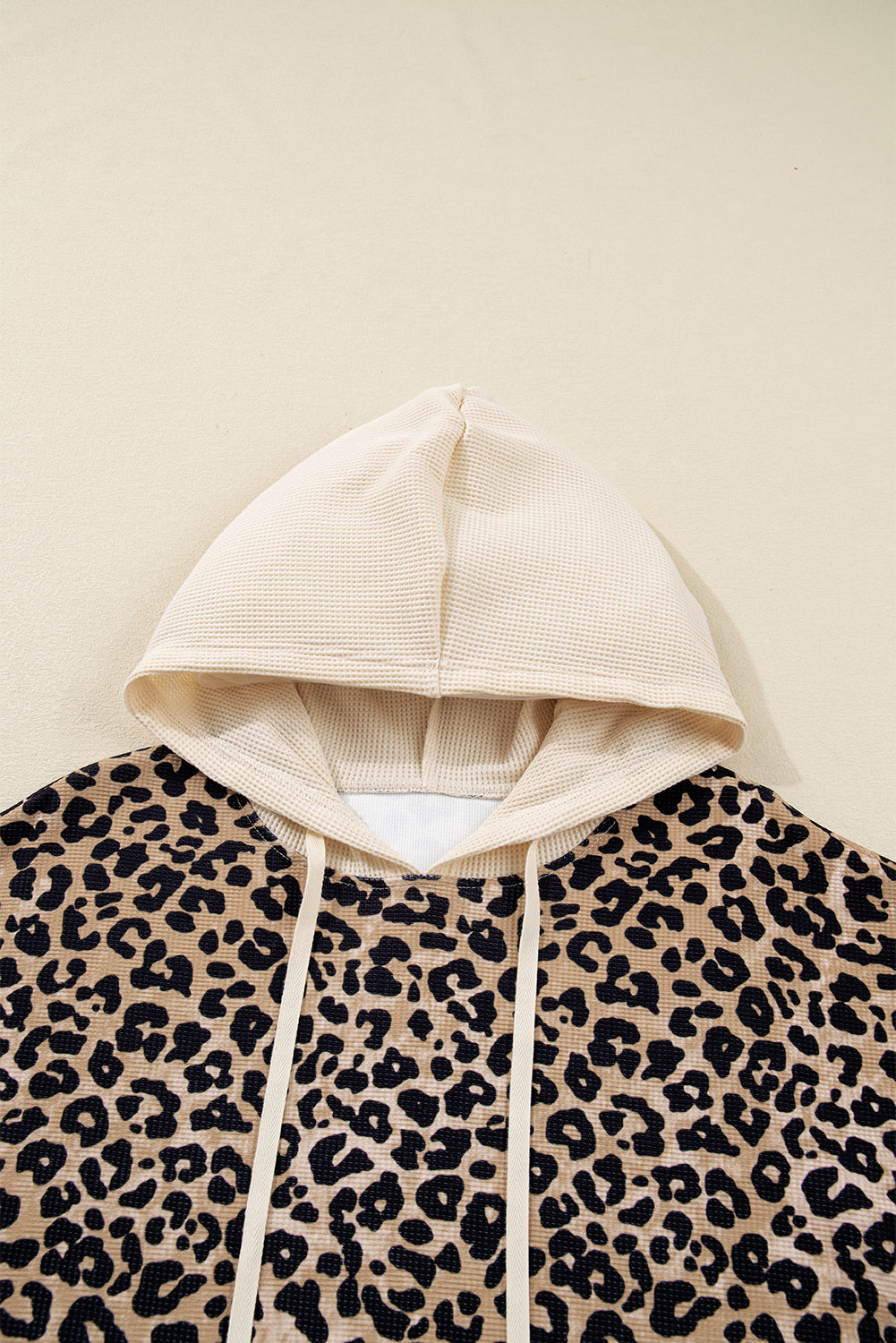 Leopard Print Waffle Knit Contrast Hoodie with Kangaroo Pocket
