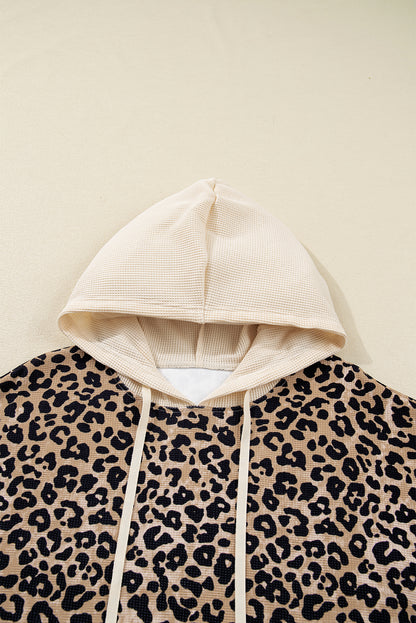Leopard Print Waffle Knit Contrast Hoodie with Kangaroo Pocket