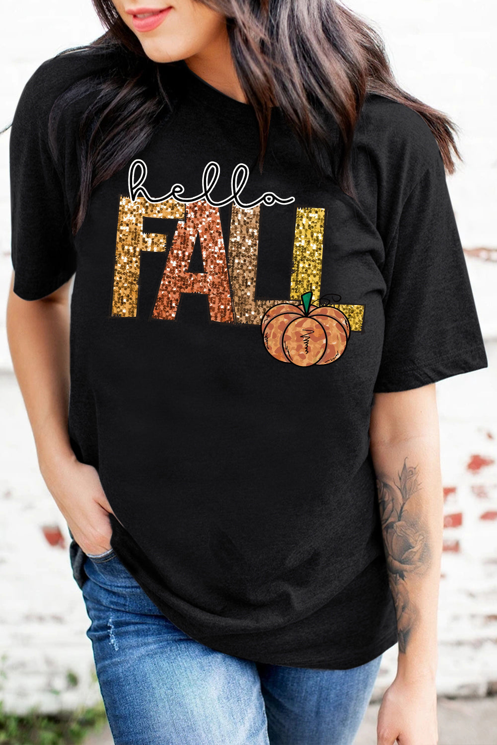 Black Hello Fall Pumpkin Graphic Thanksgiving T Shirt