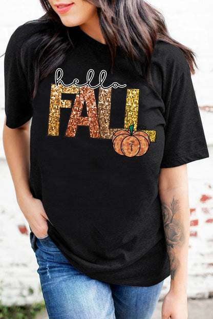 Black Hello Fall Pumpkin Graphic Thanksgiving T Shirt