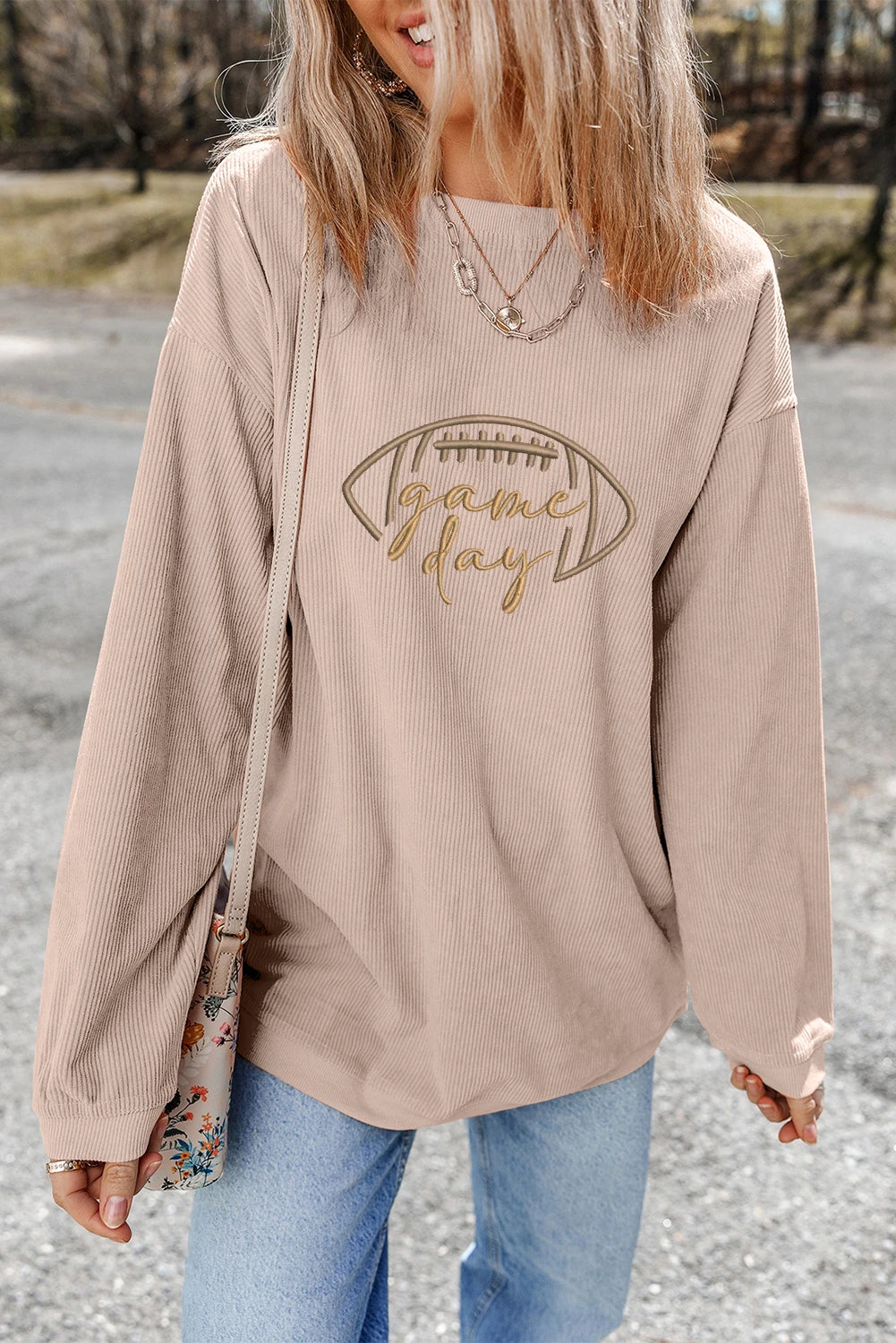 Game Day Oversized Ribbed Sweatshirt with Football Embroidery