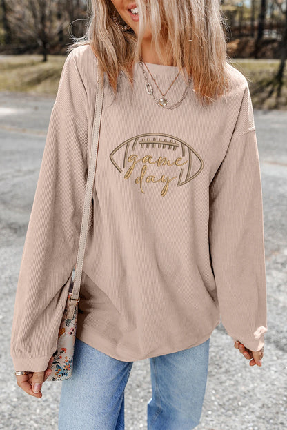 Game Day Oversized Ribbed Sweatshirt with Football Embroidery
