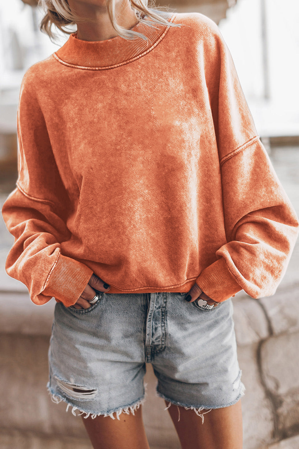 Washed Sky Blue Drop Shoulder Crew Neck Sweatshirt