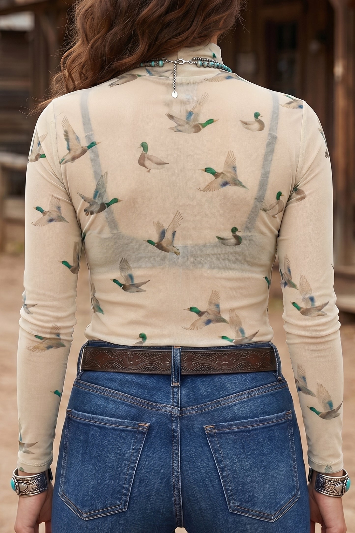 Western Duck Print Mesh Mock Neck Top for Women